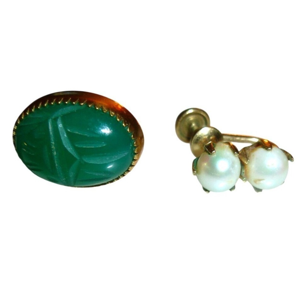 Burt Cassell 12K Gold Filled Green Scarab‎ Pearl Screw Back Earrings